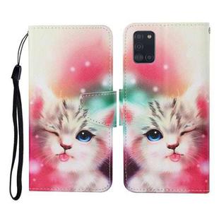 For Samsung Galaxy A31 Colored Drawing Pattern Horizontal Flip Leather Case with Holder & Card Slots & Wallet & Lanyard(Squint Cat)