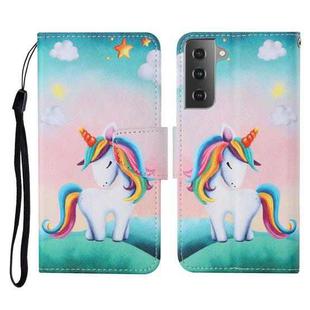 For Samsung Galaxy S21 5G Colored Drawing Pattern Horizontal Flip Leather Case with Holder & Card Slots & Wallet & Lanyard(Rainbow Unicorn)