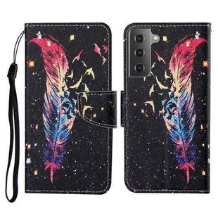 For Samsung Galaxy S21 5G Colored Drawing Pattern Horizontal Flip Leather Case with Holder & Card Slots & Wallet & Lanyard(Feather)