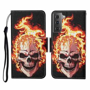 For Samsung Galaxy S21+ 5G Colored Drawing Pattern Horizontal Flip Leather Case with Holder & Card Slots & Wallet & Lanyard(Flame Skull)