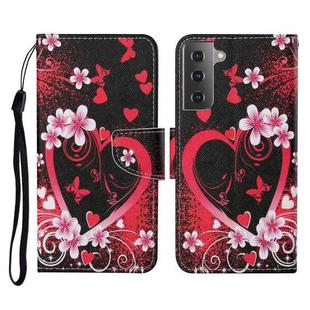 For Samsung Galaxy S21+ 5G Colored Drawing Pattern Horizontal Flip Leather Case with Holder & Card Slots & Wallet & Lanyard(Red Heart)