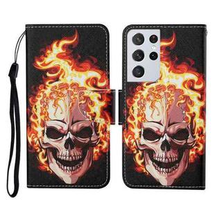 For Samsung Galaxy S21 Ultra 5G Colored Drawing Pattern Horizontal Flip Leather Case with Holder & Card Slots & Wallet & Lanyard(Flame Skull)