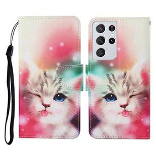 For Samsung Galaxy S21 Ultra 5G Colored Drawing Pattern Horizontal Flip Leather Case with Holder & Card Slots & Wallet & Lanyard(Squint Cat)