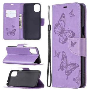 For LG K42 Two Butterflies Embossing Pattern Horizontal Flip Leather Case with Holder & Card Slot & Wallet & Lanyard(Purple)