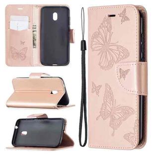 For Nokia C1 Plus Two Butterflies Embossing Pattern Horizontal Flip Leather Case with Holder & Card Slot & Wallet & Lanyard(Rose Gold)