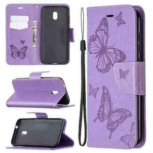 For Nokia C1 Plus Two Butterflies Embossing Pattern Horizontal Flip Leather Case with Holder & Card Slot & Wallet & Lanyard(Purple)