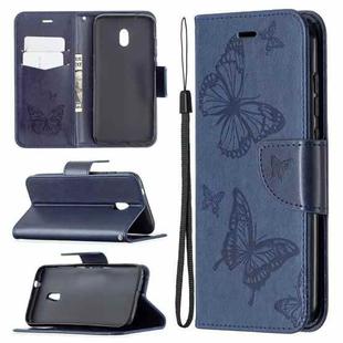 For Nokia C1 Plus Two Butterflies Embossing Pattern Horizontal Flip Leather Case with Holder & Card Slot & Wallet & Lanyard(Dark Blue)