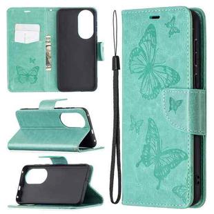 For Huawei P50 Two Butterflies Embossing Pattern Horizontal Flip Leather Case with Holder & Card Slot & Wallet & Lanyard(Green)