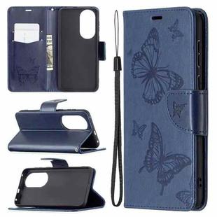 For Huawei P50 Two Butterflies Embossing Pattern Horizontal Flip Leather Case with Holder & Card Slot & Wallet & Lanyard(Dark Blue)