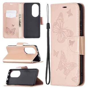 For Huawei P50 Pro Two Butterflies Embossing Pattern Horizontal Flip Leather Case with Holder & Card Slot & Wallet & Lanyard(Rose Gold)