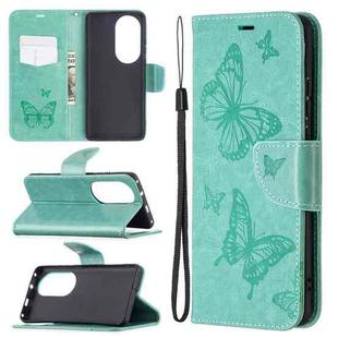 For Huawei P50 Pro Two Butterflies Embossing Pattern Horizontal Flip Leather Case with Holder & Card Slot & Wallet & Lanyard(Green)