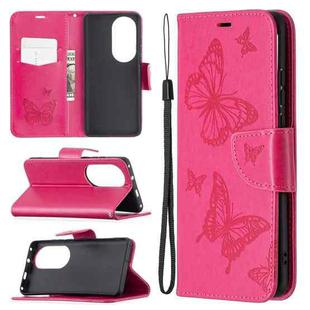 For Huawei P50 Pro Two Butterflies Embossing Pattern Horizontal Flip Leather Case with Holder & Card Slot & Wallet & Lanyard(Rose Red)