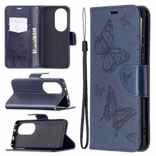 For Huawei P50 Pro Two Butterflies Embossing Pattern Horizontal Flip Leather Case with Holder & Card Slot & Wallet & Lanyard(Dark Blue)