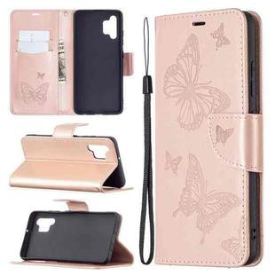 For Samsung Galaxy A32 4G Two Butterflies Embossing Pattern Horizontal Flip Leather Case with Holder & Card Slot & Wallet & Lanyard(Rose Gold)