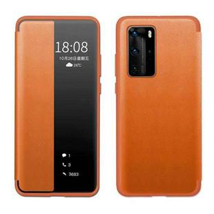 For Huawei P40 Pro Magnetic Side Window View Shockproof Horizontal Flip Leather Smart Case(Orange)