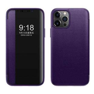 For iPhone 12 / 12 Pro Magnetic Side Window View Shockproof Horizontal Flip Leather Case(Purple)