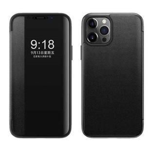For iPhone 12 / 12 Pro Magnetic Side Window View Shockproof Horizontal Flip Leather Case(Black)