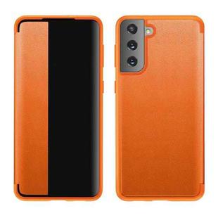 For Samsung Galaxy S21 Ultra 5G Magnetic Side Window View Shockproof Horizontal Flip Leather Case(Orange)