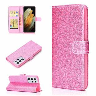 For Samsung Galaxy S21 Ultra 5G Glitter Powder Horizontal Flip Leather Case with Card Slots & Holder & Photo Frame & Wallet(Pink)