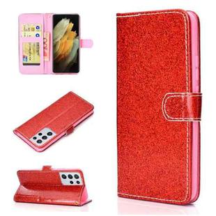 For Samsung Galaxy S21 Ultra 5G Glitter Powder Horizontal Flip Leather Case with Card Slots & Holder & Photo Frame & Wallet(Red)