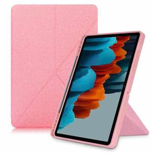For Samsung Galaxy Tab S7 FE T730 / T735 / Tab S7+ / T970 / T975 Cloth Texture Multi-folding Leather Tablet Case with Holder & Sleep / Wake-up (Pink)