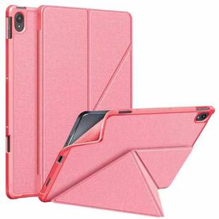 For Lenovo Tab P11 TB-J606F Cloth Texture Multi-folding Horizontal Flip PU Leather Shockproof Case with Holder & Sleep / Wake-up Function(Pink)