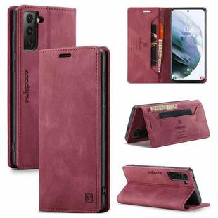 For Samsung Galaxy S21 5G AutSpace A01 Retro Skin-feel Crazy Horse Texture Horizontal Flip Leather Case with Holder & Card Slots & Wallet & RFID(Wine Red)