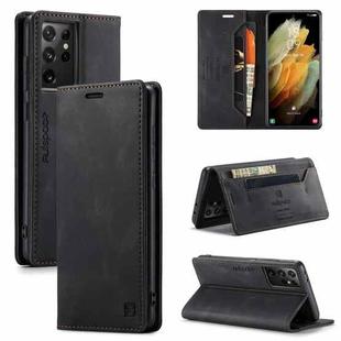 For Samsung Galaxy S21 Ultra 5G AutSpace A01 Retro Skin-feel Crazy Horse Texture Horizontal Flip Leather Case with Holder & Card Slots & Wallet & RFID(Black)