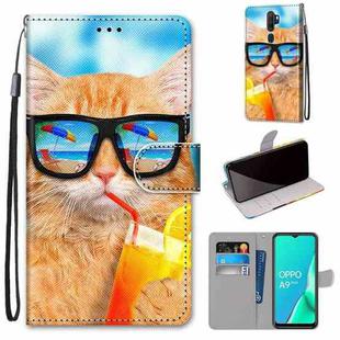 For OPPO A9 (2020) / A5 (2020) / A11X / A11 Coloured Drawing Cross Texture Horizontal Flip PU Leather Case with Holder & Card Slots & Wallet & Lanyard(Cat Drinking Soda)