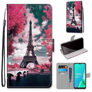 For OPPO A9 (2020) / A5 (2020) / A11X / A11 Coloured Drawing Cross Texture Horizontal Flip PU Leather Case with Holder & Card Slots & Wallet & Lanyard(Pink Flower Tower Bridge)