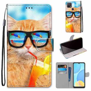 For OPPO A15 / A15s Coloured Drawing Cross Texture Horizontal Flip PU Leather Case with Holder & Card Slots & Wallet & Lanyard(Cat Drinking Soda)