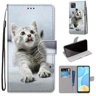 For OPPO A15 / A15s Coloured Drawing Cross Texture Horizontal Flip PU Leather Case with Holder & Card Slots & Wallet & Lanyard(Small Gray Cat)