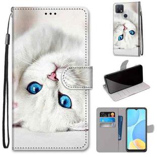 For OPPO A15 / A15s Coloured Drawing Cross Texture Horizontal Flip PU Leather Case with Holder & Card Slots & Wallet & Lanyard(White Kitten)