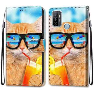 For OPPO A53 4G(2020) / A53s / A32 / A33 (2020) Coloured Drawing Cross Texture Horizontal Flip PU Leather Case with Holder & Card Slots & Wallet & Lanyard(Cat Drinking Soda)