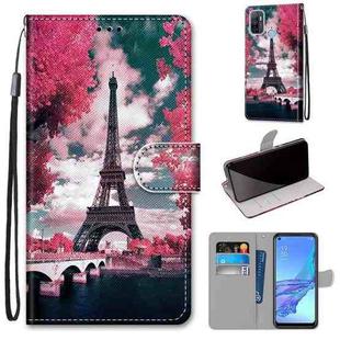 For OPPO A53 4G(2020) / A53s / A32 / A33 (2020) Coloured Drawing Cross Texture Horizontal Flip PU Leather Case with Holder & Card Slots & Wallet & Lanyard(Pink Flower Tower Bridge)