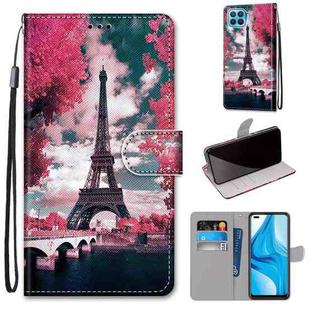 For OPPO F17 Pro / A93 4G / Reno4 Lite / Reno4 F Coloured Drawing Cross Texture Horizontal Flip PU Leather Case with Holder & Card Slots & Wallet & Lanyard(Pink Flower Tower Bridge)