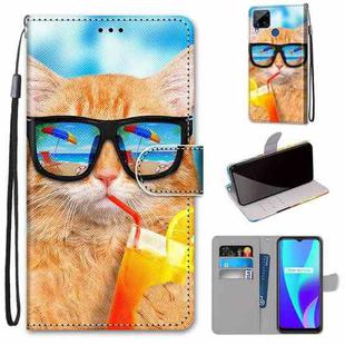 For OPPO Realme C15 / C12 / C25 / 7i (Global) / Narzo 20 / 30A Coloured Drawing Cross Texture Horizontal Flip PU Leather Case with Holder & Card Slots & Wallet & Lanyard(Cat Drinking Soda)