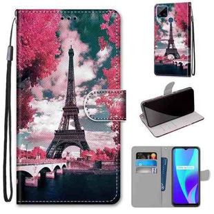 For OPPO Realme C15 / C12 / C25 / 7i (Global) / Narzo 20 / 30A Coloured Drawing Cross Texture Horizontal Flip PU Leather Case with Holder & Card Slots & Wallet & Lanyard(Pink Flower Tower Bridge)