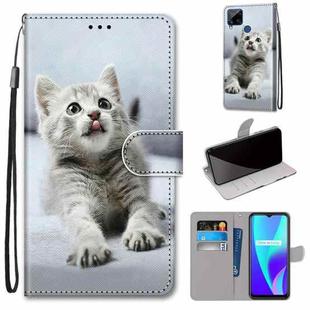 For OPPO Realme C15 / C12 / C25 / 7i (Global) / Narzo 20 / 30A Coloured Drawing Cross Texture Horizontal Flip PU Leather Case with Holder & Card Slots & Wallet & Lanyard(Small Gray Cat)