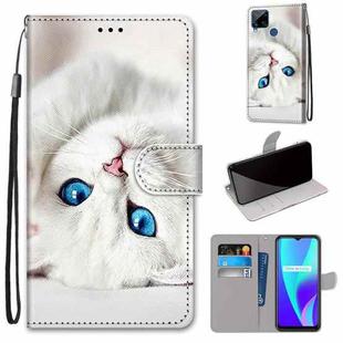 For OPPO Realme C15 / C12 / C25 / 7i (Global) / Narzo 20 / 30A Coloured Drawing Cross Texture Horizontal Flip PU Leather Case with Holder & Card Slots & Wallet & Lanyard(White Kitten)