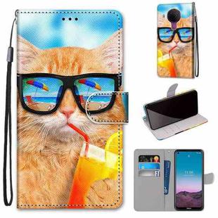 For Nokia 5.4 Coloured Drawing Cross Texture Horizontal Flip PU Leather Case with Holder & Card Slots & Wallet & Lanyard(Cat Drinking Soda)