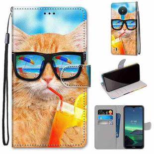 For Nokia 1.4 Coloured Drawing Cross Texture Horizontal Flip PU Leather Case with Holder & Card Slots & Wallet & Lanyard(Cat Drinking Soda)