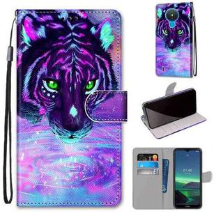 For Nokia 1.4 Coloured Drawing Cross Texture Horizontal Flip PU Leather Case with Holder & Card Slots & Wallet & Lanyard(Tiger Drinking Water)