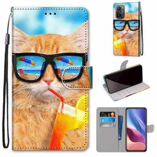 For Xiaomi Redmi K40 / K40 Pro / K40 Pro+ / Mi 11i / Poco F3 Coloured Drawing Cross Texture Horizontal Flip PU Leather Case with Holder & Card Slots & Wallet & Lanyard(Cat Drinking Soda)