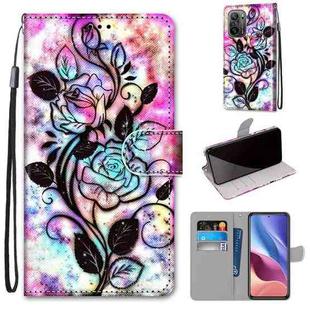 For Xiaomi Redmi K40 / K40 Pro / K40 Pro+ / Mi 11i / Poco F3 Coloured Drawing Cross Texture Horizontal Flip PU Leather Case with Holder & Card Slots & Wallet & Lanyard(Color Bottom Hollow Flower)