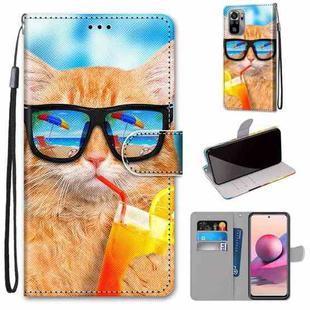 For Xiaomi Redmi Note 10 4G / Note 10s Coloured Drawing Cross Texture Horizontal Flip PU Leather Case with Holder & Card Slots & Wallet & Lanyard(Cat Drinking Soda)