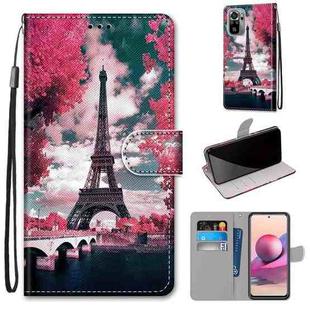 For Xiaomi Redmi Note 10 4G / Note 10s Coloured Drawing Cross Texture Horizontal Flip PU Leather Case with Holder & Card Slots & Wallet & Lanyard(Pink Flower Tower Bridge)