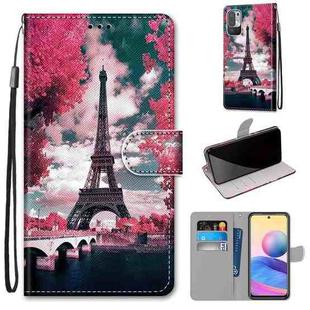 For Xiaomi Redmi Note 10 5G Coloured Drawing Cross Texture Horizontal Flip PU Leather Case with Holder & Card Slots & Wallet & Lanyard(Pink Flower Tower Bridge)