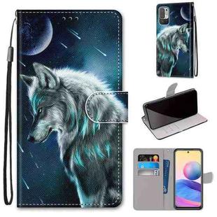 For Xiaomi Redmi Note 10 5G Coloured Drawing Cross Texture Horizontal Flip PU Leather Case with Holder & Card Slots & Wallet & Lanyard(Pensive Wolf)