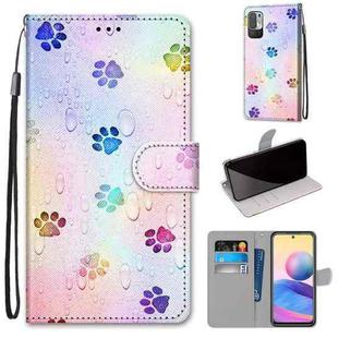 For Xiaomi Redmi Note 10 5G Coloured Drawing Cross Texture Horizontal Flip PU Leather Case with Holder & Card Slots & Wallet & Lanyard(Footprint Water Drops)